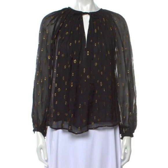 FRAME Denim Peasant Blouse Sz XS Black Metallic Gold Sheer Long Sleeves (f - Picture 4 of 7